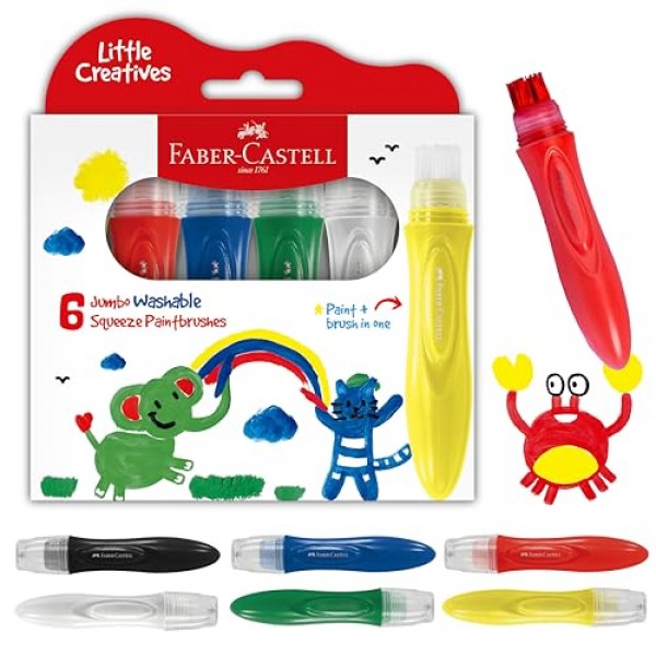 Faber-Castell Little Creatives 점보 압착 페인트 브러시, 6가지 색상, 어린이용 페인트 스틱, 세척 가능, 유아 미술 용품, 무독성 페인트와 브러시가 하나로 통합되어 있음, 어