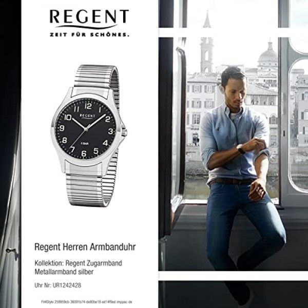 리젠트 남성용 아날로그 쿼츠 시계(스테인리스 스틸 스트랩 포함) 11310063, 실버/블랙, 팔찌