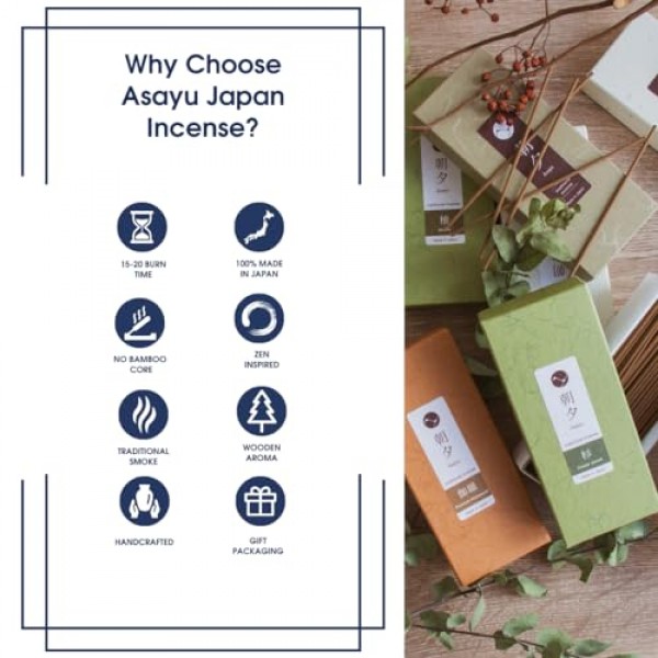 Asayu 일본 전통 백단향 & 화이트 세이지 향 스틱, 40gr 연기 유형 향, 아침 휴식, 요가, 명상 및 마음챙김을 위한 100% 천연 일본 향