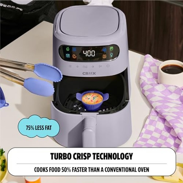 CRUX x Marshmello 3.0 QT TurboCrisp 기술이 적용된 디지털 에어 프라이어, 터치 스크린 온도 제어, 타이머 및 자동 차단, 완전 프로그래밍 가능, 실리콘 컵케이크 몰드 포함, 라
