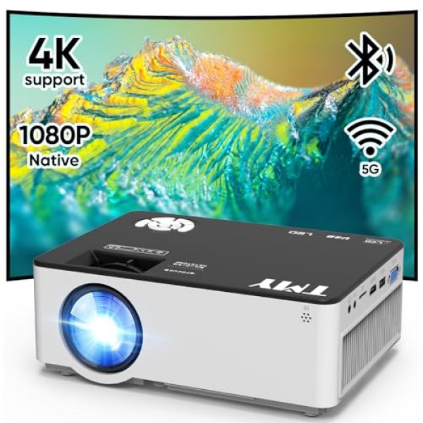 5G WiFi 및 Bluetooth 5.1을 갖춘 TMY 네이티브 1080P 프로젝터, 4K 지원 미니 프로젝터, TV 스틱/전화기/PC/DVD/HDMI/AV/USB/SD와 호환되는 휴대용 프로젝터, 야외 영화 프로젝터