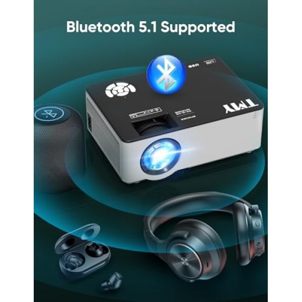 5G WiFi 및 Bluetooth 5.1을 갖춘 TMY 네이티브 1080P 프로젝터, 4K 지원 미니 프로젝터, TV 스틱/전화기/PC/DVD/HDMI/AV/USB/SD와 호환되는 휴대용 프로젝터, 야외 영화 프로젝터