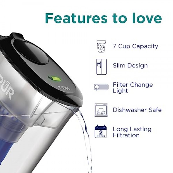 PUR PLUS 7컵 정수 필터 투수(정품 PUR PLUS 필터 1개 포함), 3-in-1 강력한 여과, BPA 없음, 식기세척기 사용 가능, 연기, PPT710BA