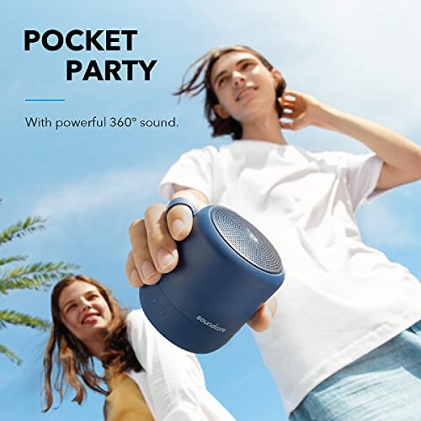 Soundcore Anker Mini 3 Bluetooth 스피커, 방수 IPX7, 포켓 파티, 욕실, 해변에 적합, BassUp 및 PartyCast 기술 탑재, 휴대용 스피커, USB-C 및 파란색 맞춤형 EQ