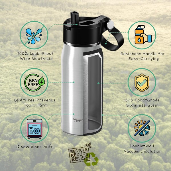 밀짚 식기세척기가 포함된 절연 물병 안전한 금속 물병 BPA 무료 스테인레스 스틸 물병 947ml /32oz 하이킹 캠핑 및 학교용, 슬리버 실버 947ml / 32oz