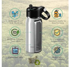 밀짚 식기세척기가 포함된 절연 물병 안전한 금속 물병 BPA 무료 스테인레스 스틸 물병 947ml /32oz 하이킹 캠핑 및 학교용, 슬리버 실버 947ml / 32oz