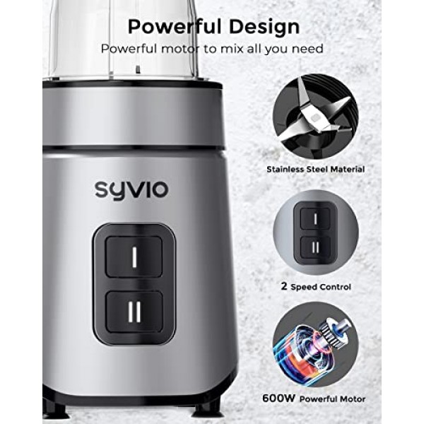 셰이크 및 스무디용 Syvio 블렌더, 600W 개인 블렌더, BPA 프리 20온스 스포츠 컵 2개가 포함된 스무디 블렌더, 파티 머그 2개, 짧은 컵 110온스, 청소가 용이함