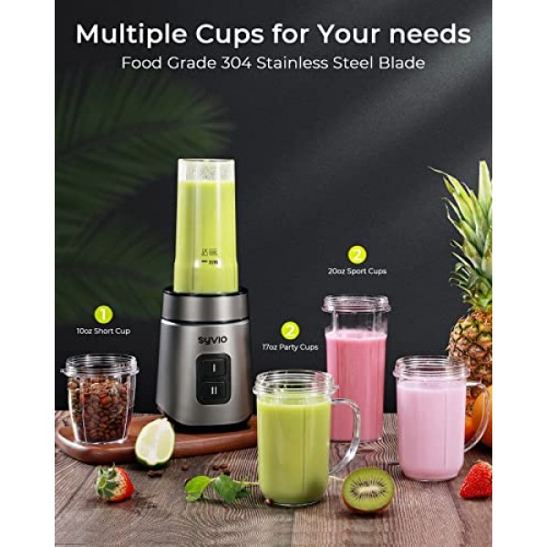 셰이크 및 스무디용 Syvio 블렌더, 600W 개인 블렌더, BPA 프리 20온스 스포츠 컵 2개가 포함된 스무디 블렌더, 파티 머그 2개, 짧은 컵 110온스, 청소가 용이함