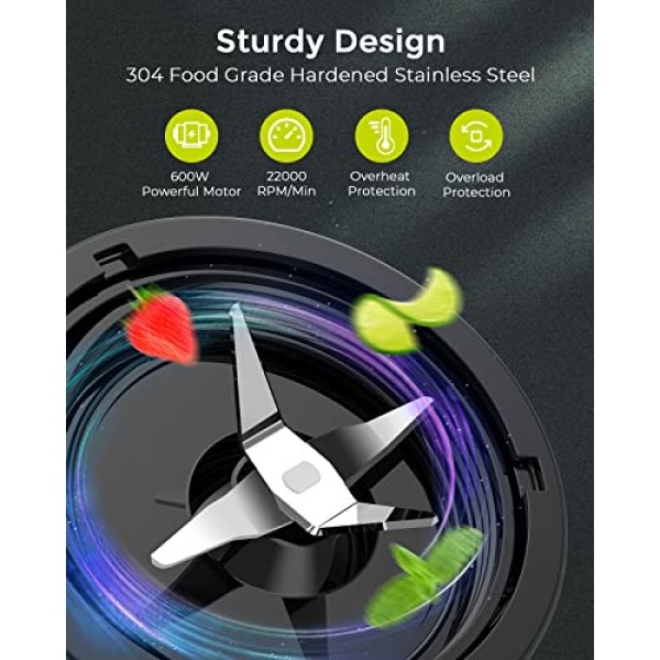 셰이크 및 스무디용 Syvio 블렌더, 600W 개인 블렌더, BPA 프리 20온스 스포츠 컵 2개가 포함된 스무디 블렌더, 파티 머그 2개, 짧은 컵 110온스, 청소가 용이함