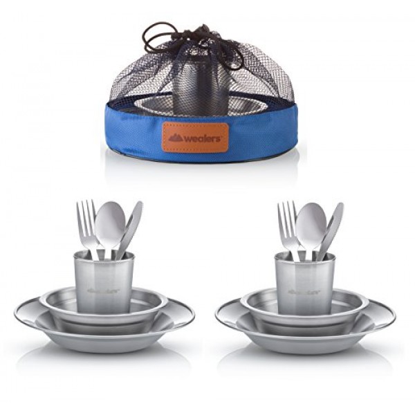 독특한 완전한 Messware 키트 광택 스테인레스 스틸 접시 세트| 식기| 식기류| 캠핑| 포함 - 컵 | 접시| 그릇| 칼붙이| 메쉬백에 들어있습니다.