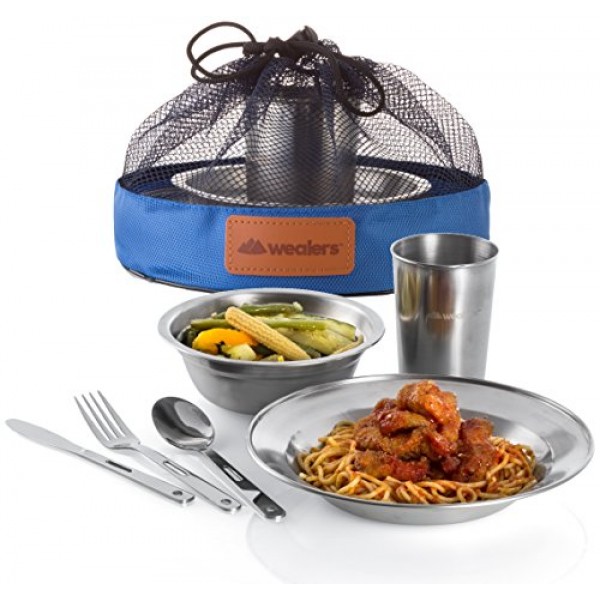 독특한 완전한 Messware 키트 광택 스테인레스 스틸 접시 세트| 식기| 식기류| 캠핑| 포함 - 컵 | 접시| 그릇| 칼붙이| 메쉬백에 들어있습니다.