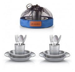 독특한 완전한 Messware 키트 광택 스테인레스 스틸 접시 세트| 식기| 식기류| 캠핑| 포함 - 컵 | 접시| 그릇| 칼붙이| 메쉬백에 들어있습니다.