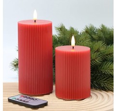 Girimax 빨간색 골이 있는 불꽃 없는 기둥 양초(리모컨 포함), 깜박이는 배터리로 작동되는 2팩 LED 왁스 양초 Φ 3