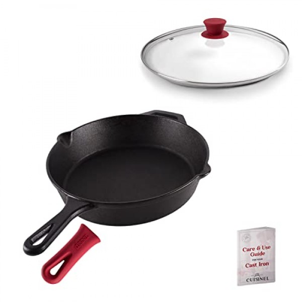 주철 프라이팬 - 보조 손잡이와 붓는 부분이 있는 12인치 프라이팬 + 실리콘 그립 커버 + 증기 배출 구멍이 있는 유리 뚜껑 - 12인치/30.48cm - Lodge 주철 프라이팬과 호환 