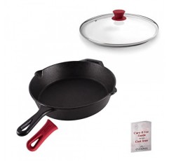 주철 프라이팬 - 보조 손잡이와 붓는 부분이 있는 12인치 프라이팬 + 실리콘 그립 커버 + 증기 배출 구멍이 있는 유리 뚜껑 - 12인치/30.48cm - Lodge 주철 프라이팬과 호환 