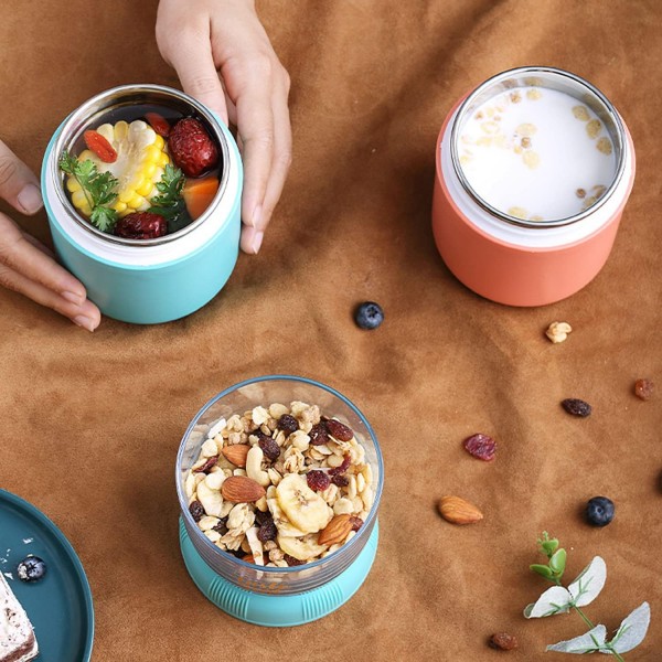 ADLOASHLOU muesli 컵 테이크 아웃 430ml + 요거트 컵 330ml 누수 방지 2 in 1 도시락 상자와 신선한 식사를 위한 숟가락 어린이 간식 냄비 (오렌지 레드-PP)