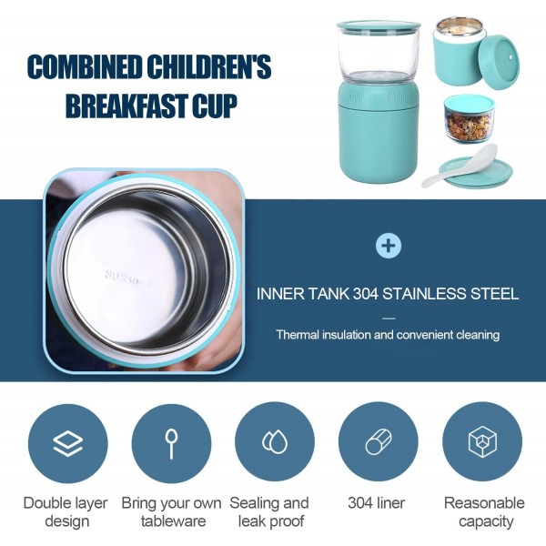 ADLOASHLOU muesli 컵 테이크 아웃 430ml + 요거트 컵 330ml 누수 방지 2 in 1 도시락 상자와 신선한 식사를 위한 숟가락 어린이 간식 냄비 (오렌지 레드-PP)