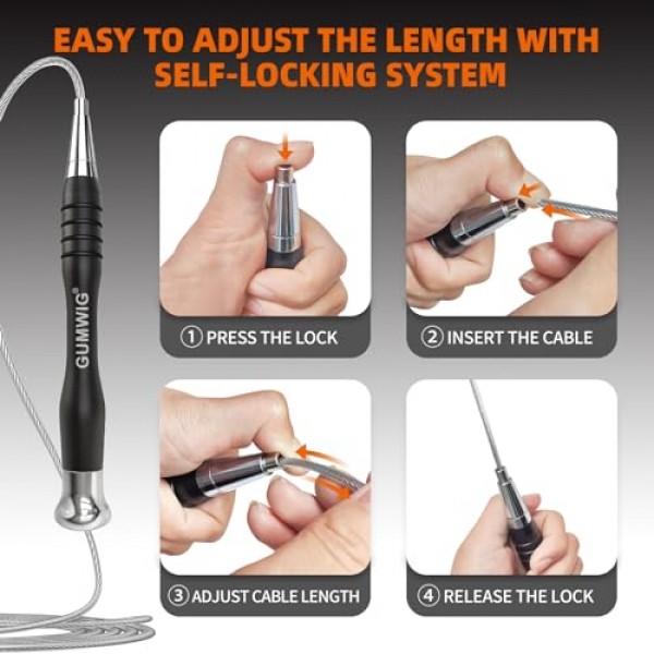 Gumwig 스피드 줄넘기, 남성용 탈착식 가중 더블 언더 줄넘기, 여성용 트레이닝 줄넘기, 자동 잠금 시스템으로 길이 조절이 용이함, 성인용 크로스핏 피트니스