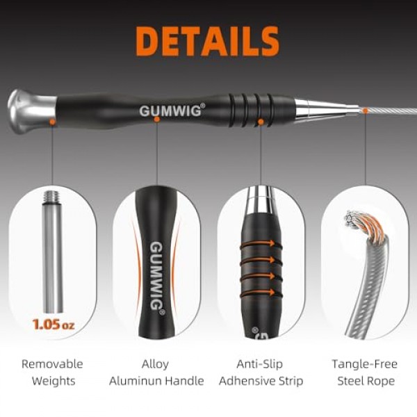 Gumwig 스피드 줄넘기, 남성용 탈착식 가중 더블 언더 줄넘기, 여성용 트레이닝 줄넘기, 자동 잠금 시스템으로 길이 조절이 용이함, 성인용 크로스핏 피트니스