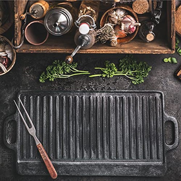 ProSource 2-in-1 양면 19.5인치 x 9인치 주철 철판 손잡이 포함, 가스 레인지, 오븐 및 화덕용 사전 양념 및 들러붙지 않음.