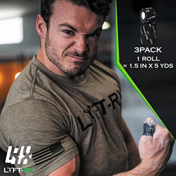 LYFT-RX 역도 후크 그립 테이프(올림픽 역도용 프리미엄 접착제 포함, 크로스 트레이닝 및 리프팅, 스트레치 핏 운동용 손가락 랩, 엄지 손가락 손 보호 및 그립 강화)