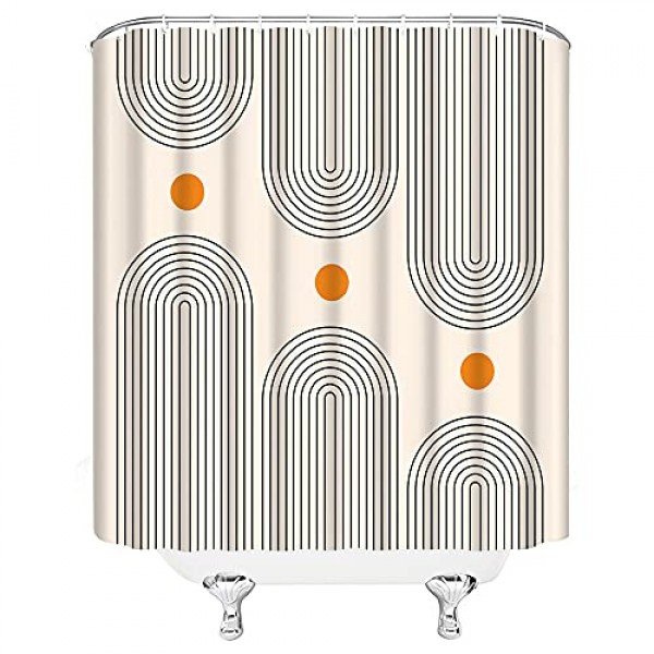 현대 미드 센추리 샤워 커튼 추상 태양 미니멀리즘 귀여운 곡선 무지개 인쇄 베이지 기하학 테라코타 현대 미술 중립 Boho 패브릭 장식 세트 후크 오렌지 70 x in (W H)