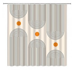 현대 미드 센추리 샤워 커튼 추상 태양 미니멀리즘 귀여운 곡선 무지개 인쇄 베이지 기하학 테라코타 현대 미술 중립 Boho 패브릭 장식 세트 후크 오렌지 70 x in (W H)