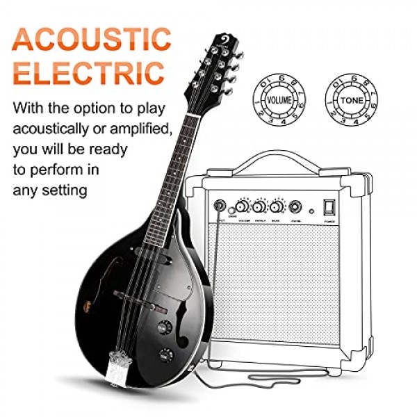 Vangoa 만돌린 악기 마호가니 어쿠스틱 일렉트릭 초보자 성인을위한 스타일 만돌린 악기 청소년 어린이, 블랙