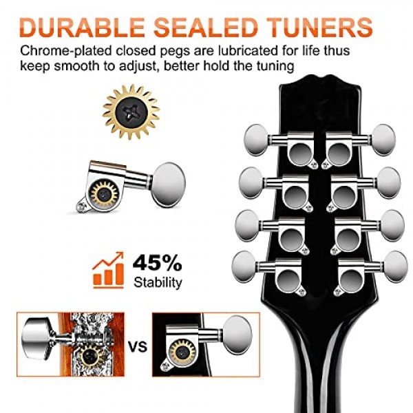 Vangoa 만돌린 악기 마호가니 어쿠스틱 일렉트릭 초보자 성인을위한 스타일 만돌린 악기 청소년 어린이, 블랙