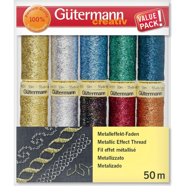 반짝이는 색상의 금속 효과 실 W331 50m 스풀 10개가 포함된 Gütermann creativ 재봉사 세트