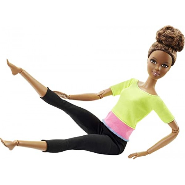 Barbie Made to Move Posable Doll in Green Color-Blocked Top 및 Yoga Leggings, Flexible with Brown Hair Yellow Top