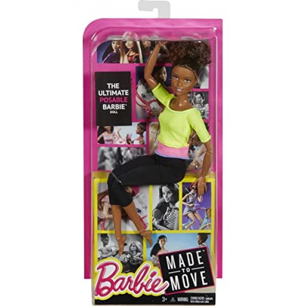 Barbie Made to Move Posable Doll in Green Color-Blocked Top 및 Yoga Leggings, Flexible with Brown Hair Yellow Top