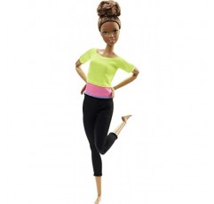 Barbie Made to Move Posable Doll in Green Color-Blocked Top 및 Yoga Leggings, Flexible with Brown Hair Yellow Top