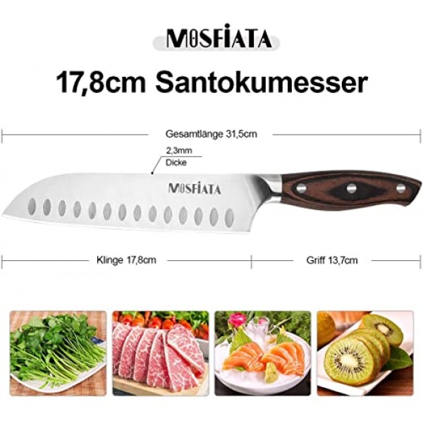 MOSFiATA 산토쿠 칼 7인치 주방 요리 칼, 5Cr15Mov 인체공학적 Pakkawood 손잡이가 있는 고탄소 스테인레스 스틸 일본 요리사 칼, 칼집이 있는 풀탱 야채 고기 절단 칼