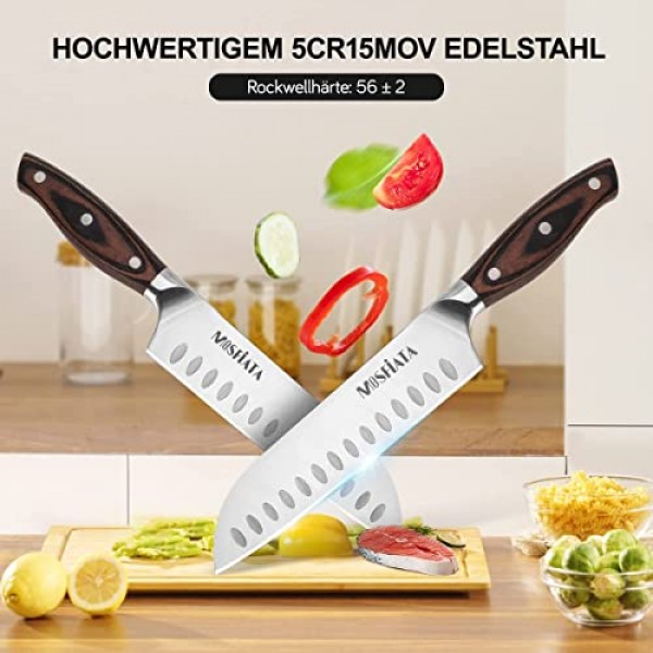 MOSFiATA 산토쿠 칼 7인치 주방 요리 칼, 5Cr15Mov 인체공학적 Pakkawood 손잡이가 있는 고탄소 스테인레스 스틸 일본 요리사 칼, 칼집이 있는 풀탱 야채 고기 절단 칼