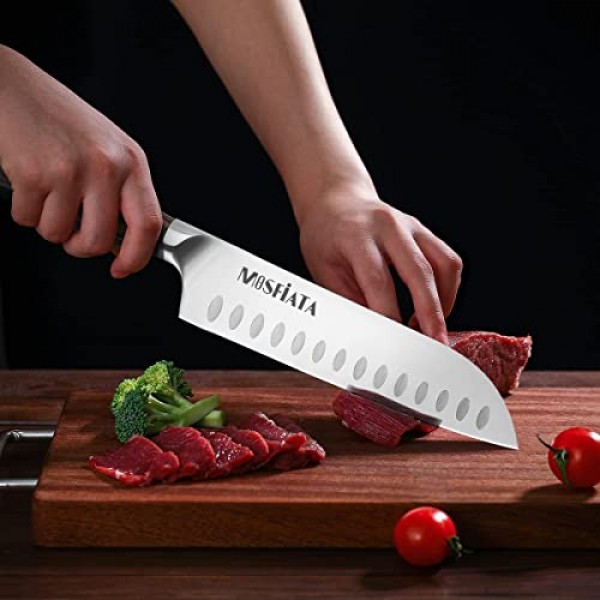 MOSFiATA 산토쿠 칼 7인치 주방 요리 칼, 5Cr15Mov 인체공학적 Pakkawood 손잡이가 있는 고탄소 스테인레스 스틸 일본 요리사 칼, 칼집이 있는 풀탱 야채 고기 절단 칼
