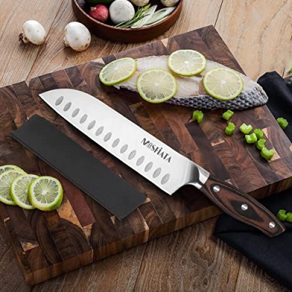 MOSFiATA 산토쿠 칼 7인치 주방 요리 칼, 5Cr15Mov 인체공학적 Pakkawood 손잡이가 있는 고탄소 스테인레스 스틸 일본 요리사 칼, 칼집이 있는 풀탱 야채 고기 절단 칼