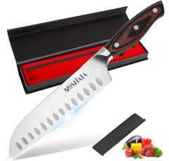 MOSFiATA 산토쿠 칼 7인치 주방 요리 칼, 5Cr15Mov 인체공학적 Pakkawood 손잡이가 있는 고탄소 스테인레스 스틸 일본 요리사 칼, 칼집이 있는 풀탱 야채 고기 절단 칼