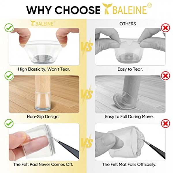 BALEINE 24팩 실리콘 의자 다리 바닥 보호대, 의자 다리 보호대 캡, 나무 바닥용 미끄럼 방지 의자 다리 캡(투명 및 소형, 24팩)