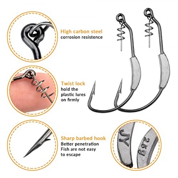 THKFISH 낚시 후크 가중 스윔베이트 후크 30/60/19/25팩 트위스트락 후크 연질 플라스틱용 베이스 후크 웜 후크 바닷물 담수