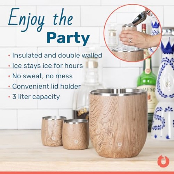 SNOWFOX Plus, 파티용 뚜껑이 있는 프리미엄 진공 단열 스테인리스 얼음통/국자 얼음통-아름다운 엔터테인먼트-3L-매트 블랙