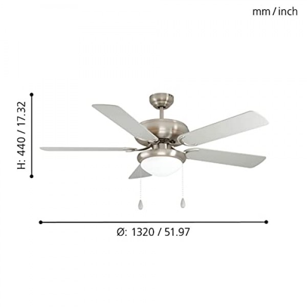 EGLO Ballina 천장 팬, 조명이 포함된 5 블레이드 팬, 풀 체인, 은색 또는 참나무 합판으로 제작된 양면 블레이드, 무광택 니켈 강철 하우징, 여름 겨울 작동, AC 모터, 직경 