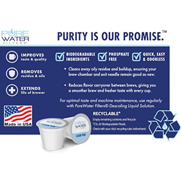 Keurig Classic/1.0 및 2.0 K-Cup을 포함한 모든 1인용 커피 브루어에 사용할 수 있는 석회질 제거제 및 클린 포드 - 상업용 강력 석회질 제거 솔루션(병당 3회 사용) 및 클린 포