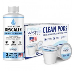 Keurig Classic/1.0 및 2.0 K-Cup을 포함한 모든 1인용 커피 브루어에 사용할 수 있는 석회질 제거제 및 클린 포드 - 상업용 강력 석회질 제거 솔루션(병당 3회 사용) 및 클린 포