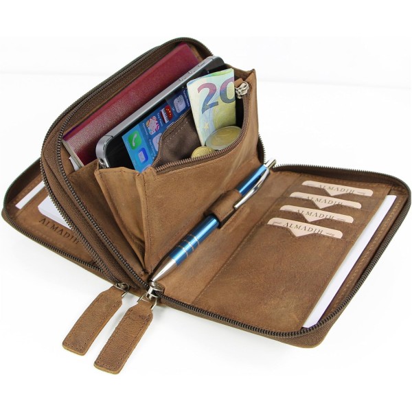 ALMADIH 가죽 A7 콤비 폴더 2칸 지퍼 캘린더 2022 + 2023 프리미엄 소가죽 브라운 빈티지 선물 상자 가죽 폴더 폴더 필기 케이스 약속 스케줄러 약속 캘린더 링 바인더 폴더(B