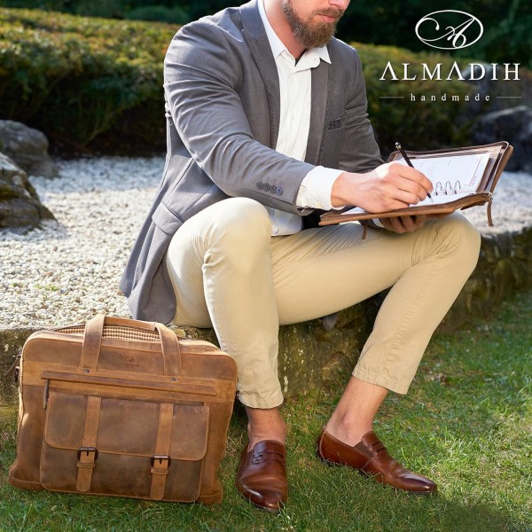 ALMADIH 가죽 A7 콤비 폴더 2칸 지퍼 캘린더 2022 + 2023 프리미엄 소가죽 브라운 빈티지 선물 상자 가죽 폴더 폴더 필기 케이스 약속 스케줄러 약속 캘린더 링 바인더 폴더(B