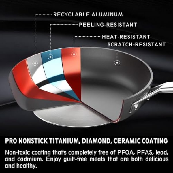 MsMk 3쿼트 깊은 프라이팬, 뚜껑이 있는 오래된 프라이팬을 상쾌하게 하기 위한 내구성이 뛰어난 팬, 깊고 직선적인 모서리, 손쉬운 청소, 균일한 가열, 편안한 취급, 인