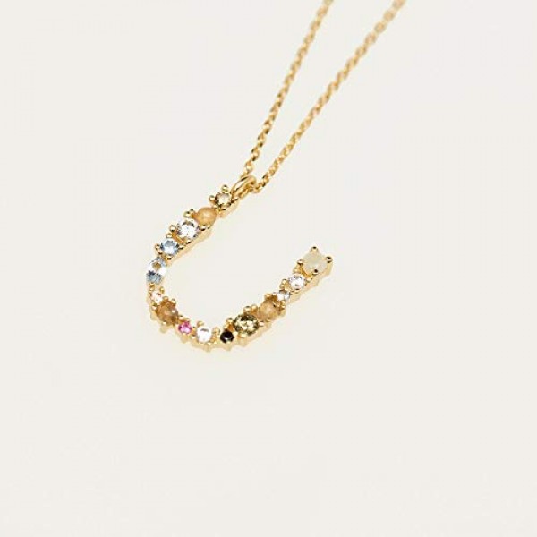 P D PAOLA - 문자 U 목걸이 - 925 스털링 실버 18k 골드 도금 - 여성용 주얼리, 18k 골드 도금, 래브라도라이트, 아쿠아마린 및 큐빅 지르코니아