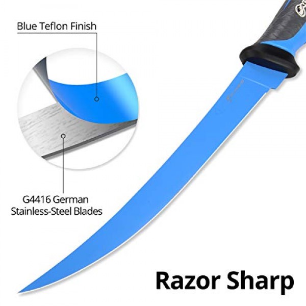 낚시 필렛 칼 - 9인치, 부식 방지 코팅이 된 독일 G4116 스테인레스 스틸 블레이드, 미끄럼 방지 손잡이, 보호용 나일론 외장, 담수 또는 바닷물에 적합