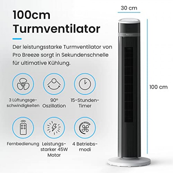 Pro Breeze™ 진동 타워 팬, 높이 100cm, 80도 진동, 3단계 속도 조절이 가능한 기둥 팬, 리모컨 및 타이머가 포함된 45W 팬